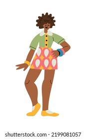 Cheerful Black Women In Retro 1960s Clothes Standing, Arms Akimbo. Mid-century Modern Fashion. Trendy Vintage Outfit. Colorful Mini Skirt, Green Blouse, Afro Hairstyle. Smiling Female Character