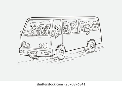 A cheerful black-and-white drawing featuring children joyfully riding on a bus, sharing playful expressions and energy. Great depiction of teamwork, travel, and happiness in a group setting.