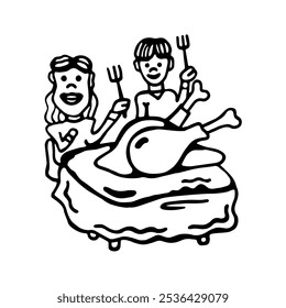 A cheerful black-and-white illustration of two kids excitedly holding forks around a Thanksgiving turkey, capturing the festive family spirit.