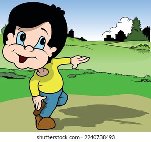 Alegre niño de cabello negro con mano izada izquierda - Ilustración de dibujos animados de color con fondo, vector