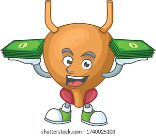 A cheerful bladder mascot design with some money on hands