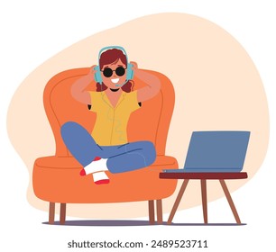 Una Alegre Chica Ciega Con Gafas De Sol Y Auriculares Se Sienta Cómodamente En Un Sillón, Usando Una Laptop. Ella Parece Estar Disfrutando De La Música En Un Ambiente Acogedor De La Casa, Mostrando La Relajación Y El Uso De La Tecnología