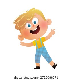 Cheerful blond boy dance move, happy child greeting and smiling. Fun illustration of a cute boy character dancing in playful mood. Vector character design, clip art cartoon for children and kids.