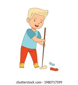 Cheerful Blond Boy Enjoying Spring Season Engaged in Litter Pick Gathering Rubbish with Stick Vector Illustration