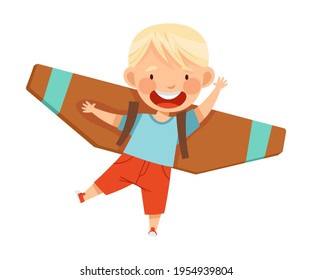 Cheerful Blond Boy with Improvised Fake Wings Flying and Playing Vector Illustration