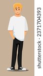 cheerful blond man in sneakers