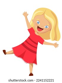 A cheerful blonde girl with blue eyes stands on one leg, waving her hand. Good to see you, welcome. Baby in a red dress.