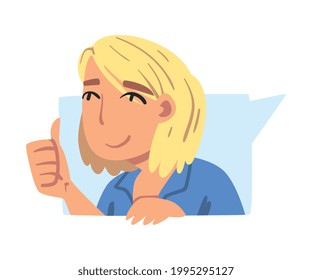 Cheerful Blonde Girl Showing Like Sign, Girl Making Thumb Up Gesture Showing her Approval Cartoon Vector Illustration