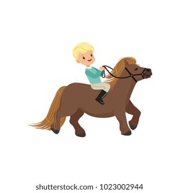 Cheerful blonde little boy riding pony horse, childrens equestrian sport vector Illustration