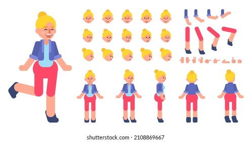 Cheerful Blonde Woman Creation Kit. Create Your Own Action, Pose, Animation. Modern Vector Illustration