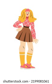 Cheerful Blonde Women In Retro 1960s Clothes Standing With Arms Akimbo. Mid-century Modern Fashion. Trendy Vintage Outfit. Checkered Pink Blouse, Mini Skirt, Knee Socks. Smiling Character