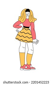 Cheerful Blonde Women In Retro 1960s Clothes Standing With Arms Akimbo. Mid-century Modern Fashion. Trendy Vintage Outfit. Pink Blouse, Striped Mini Skirt, Knee Socks. Smiling Female Character