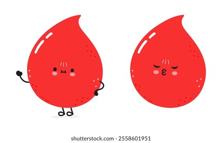 A cheerful Blood drop with a smiling expression, playful design concept. Vector hand drawn cartoon kawaii character illustration icon. Isolated on white background. Blood drop character concept