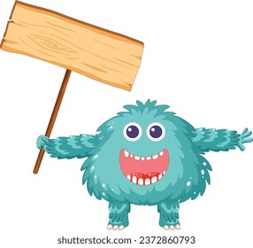 A cheerful blue alien monster holding an empty signboard banner