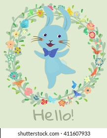 Cheerful blue bunny dancing in flower wreath. Cute vector card with cartoon character. 