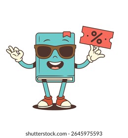 Cheerful blue cartoon book character in sunglasses holding a red discount coupon with percent symbol while showing an OK hand gesture. Fun and creative style. Vector illustration