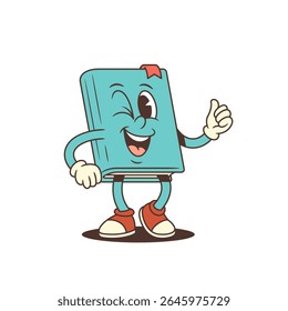 Cheerful blue cartoon book character with red bookmark and red sneakers winking and showing a thumbs up hand gesture. Perfect for educational or motivational design themes. Vector illustration