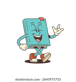 Mascote azul alegre do livro de desenhos animados alegremente rindo com os olhos fechados enquanto caminha e mostra o gesto da mão ILY. Perfeito para conteúdo educacional e emocional temático. Ilustração isolada de vetor