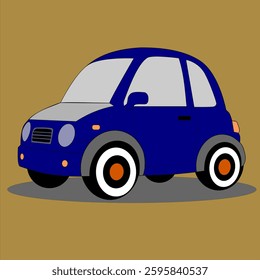 A cheerful blue cartoon car with a sleek, rounded design and big expressive eyes on the windshield. The vector illustration features smooth curves, shiny highlights, and a playful.