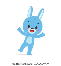 Cheerful Blue Cartoon Rabbit Standing on One Leg with Arms Wide Open Illustration