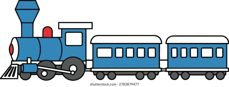 A cheerful blue cartoon train with passenger cars, perfect for children's illustrations and transportation themes.
