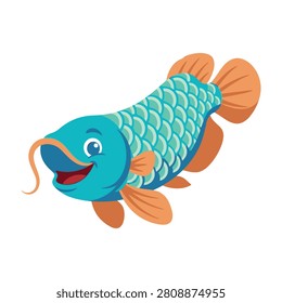 A cheerful blue catfish with vibrant orange fins and tail swims with a big smile on its face