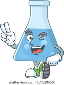 Cheerful blue chemical bottle mascot design with two fingers