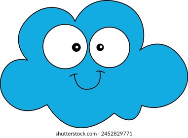 Cheerful Blue Cloud Cartoon Vector. This vector graphic resource features a charming hand-drawn flat illustration of a joyful blue-colored cloud with endearing oversized eyes