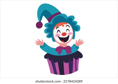 Cheerful blue clown cupcake character with a jester hat and red clown nose, celebrating April Fools Day in a playful design.