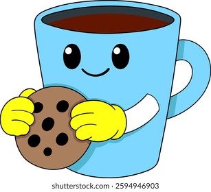 A cheerful blue coffee cup mascot with a smiling face holds a delicious chocolate chip cookie in its yellow hands