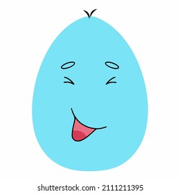 Cheerful blue egg is laughing. Vector sticker for Easter. Postcard decor element.