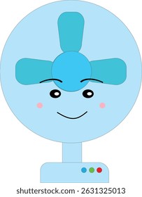 A cheerful blue electric fan with a cute face, ideal for use in school supply illustrations or children’s educational content.