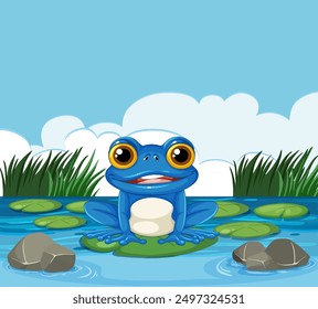 A cheerful blue frog on a lily pad