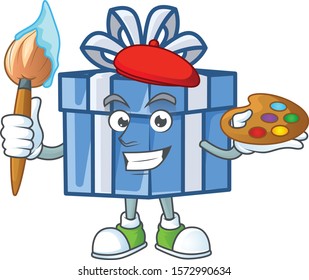 Cheerful blue gift box painter cartoon character with brush