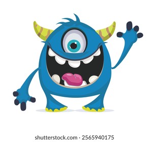 cheerful blue monster with one large eye and exaggerated features waves happily, showcasing its playful personality and bright colors.