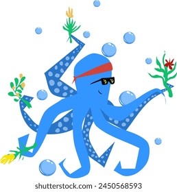 Pulpo azul alegre en gafas y brazalete rojo llevando flores de primavera en algún lugar. Ilustración vectorial de una especie de habitante del mar rodeado de burbujas de aire llevando flores a casa, sosteniéndolas en cada una