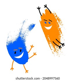 Cheerful blue and orange brush strokes with handles and legs on a white background. Persons. Vector illustration. The characters. Icons.
