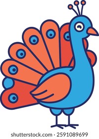 A cheerful blue peacock proudly spreads its bright orange and blue feathers, exuding a playful and lively atmosphere.