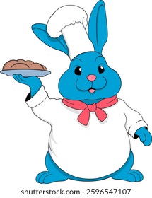 A cheerful blue rabbit dressed as a chef, wearing a white uniform, a red neckerchief, and a tall chefs hat while holding a plate of freshly baked bread.