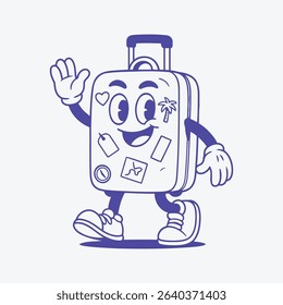 A cheerful blue suitcase character, designed with a happy face and arms, ready for a fun travel adventure in a playful cartoon style.