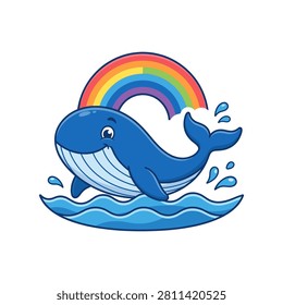 A cheerful blue whale jumping in the ocean with a colorful rainbow.