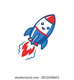 A cheerful blue and white cartoon rocket character with a smiling face flies upward emitting red flames. The kawaii style character is set against a plain white background.