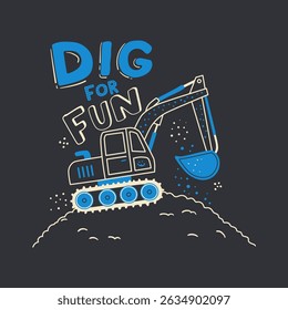Cheerful blue and white excavator in a whimsical style, perfect for children's books and merchandise.