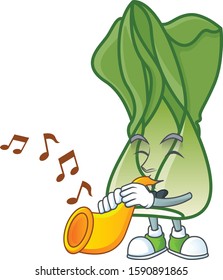 Cheerful bok choy cartoon character performance with trumpet