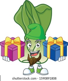 Cheerful bok choy cartoon design with Christmas gift boxes