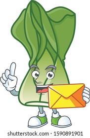 Cheerful bok choy mascot cartoon with envelope