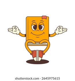 Cheerful book mascot character meditates peacefully with relaxed expression, symbolizing calm, wisdom, balance and mindfulness in educational and emotional themes. Vector illustration