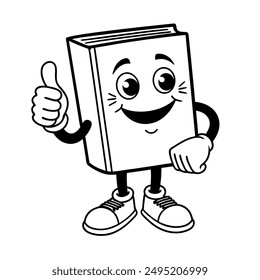 Alegre mascota de libros en monocromo, perfecto para colorear páginas, carteles escolares y Sitios web educativos. Presenta una expresión feliz y un gesto de pulgar hacia arriba