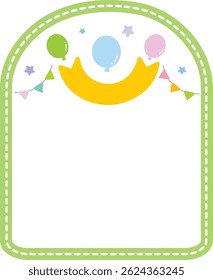 A cheerful border frame decorated with ribbons, balloons, and triangular garlands, perfect for party invitations, announcements, or celebration-themed designs.