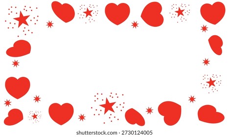 A cheerful border of red hearts and sparkling stars on a pristine white background. Heart and star frame